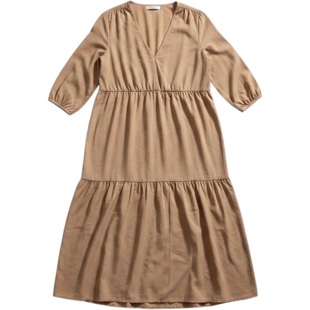 Everlane Tiered Midi Dress Womens Tan Brown V-Neck Cotton‎ Poplin Relaxed Boho